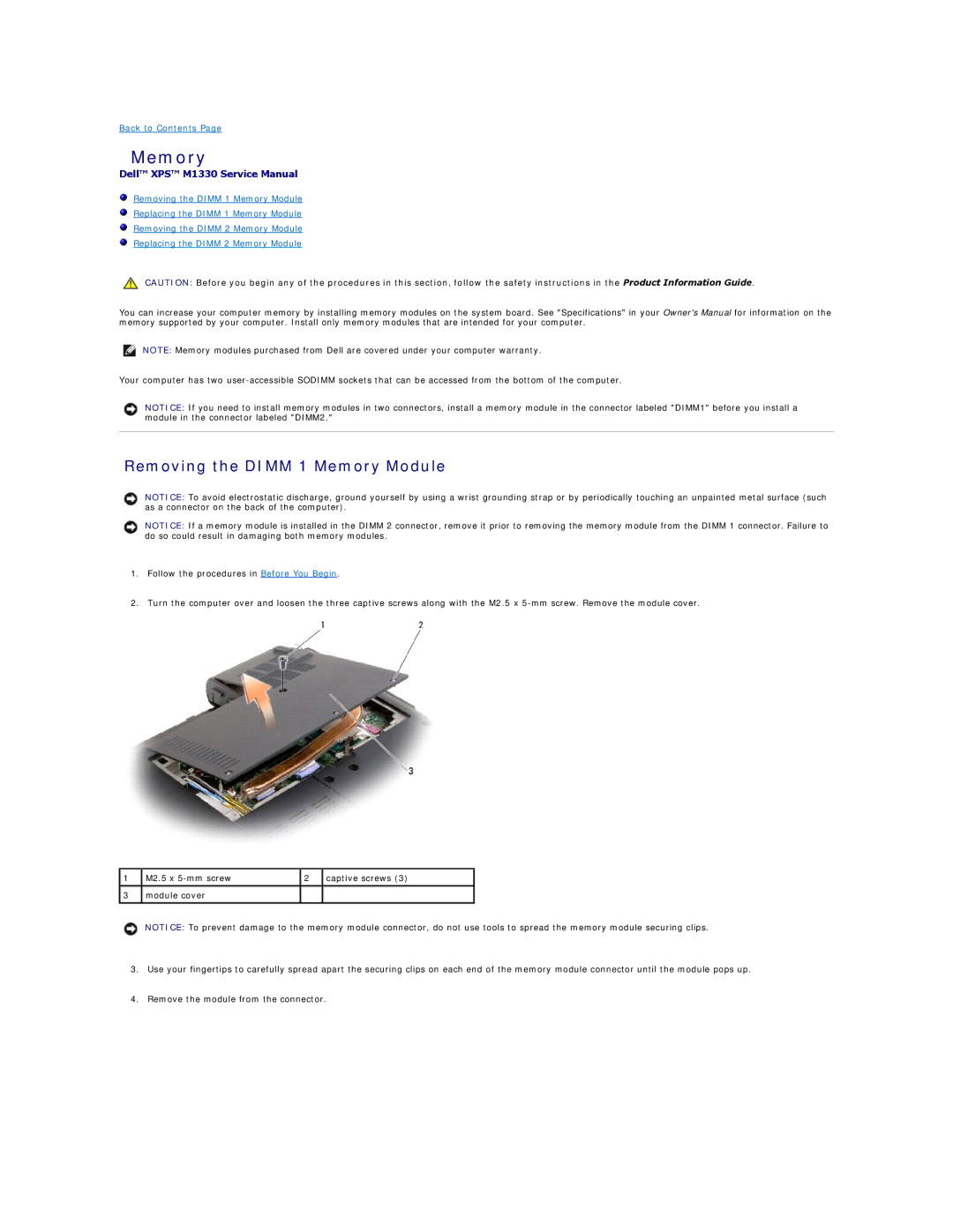 Dell M1330 manual Removing the Dimm 1 Memory Module 