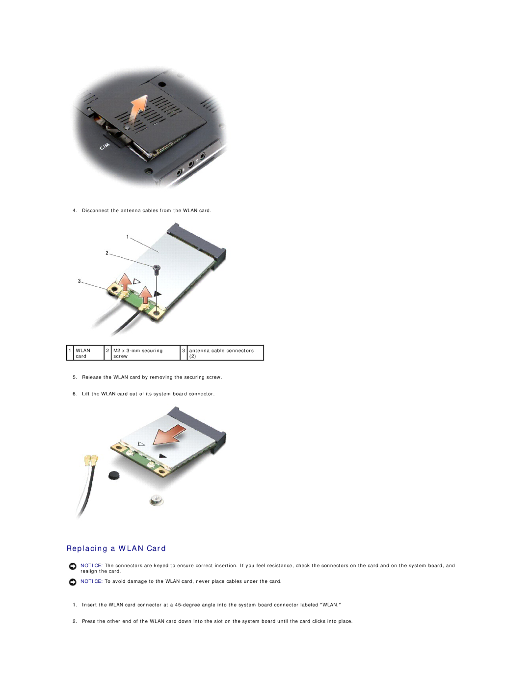 Dell M1330 manual Replacing a Wlan Card 