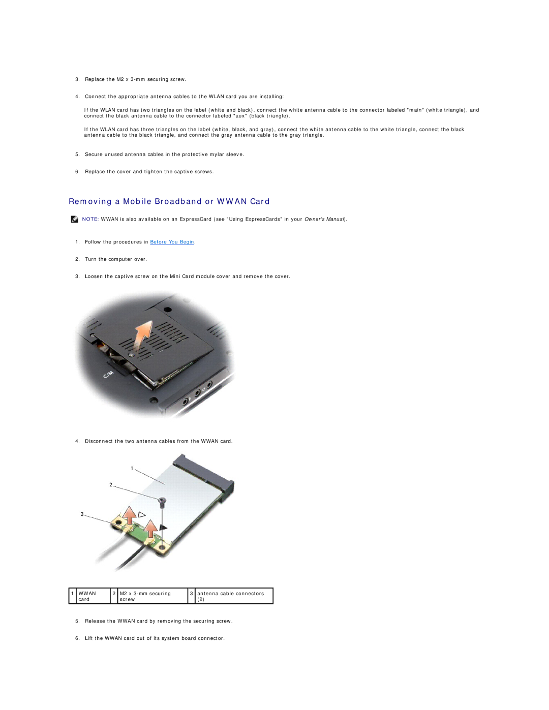 Dell M1330 manual Removing a Mobile Broadband or Wwan Card 