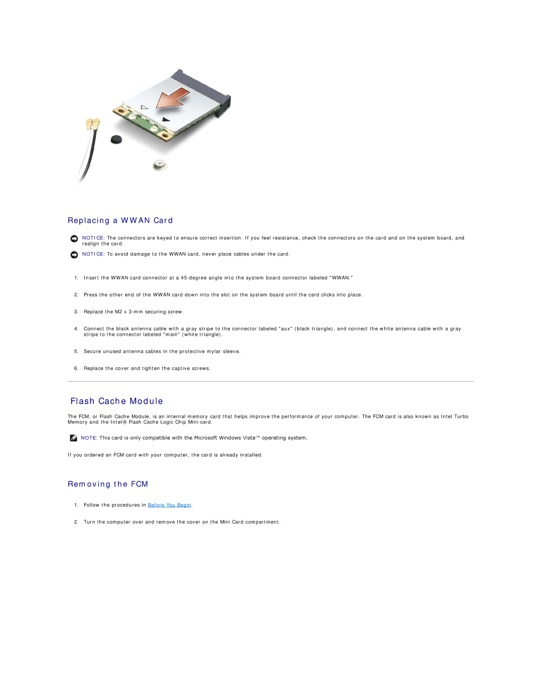 Dell M1330 manual Flash Cache Module, Replacing a Wwan Card, Removing the FCM 