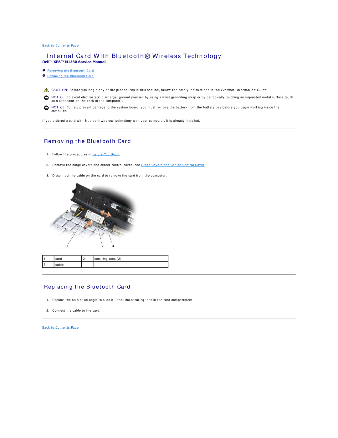 Dell M1330 Internal Card With Bluetooth Wireless Technology, Removing the Bluetooth Card, Replacing the Bluetooth Card 