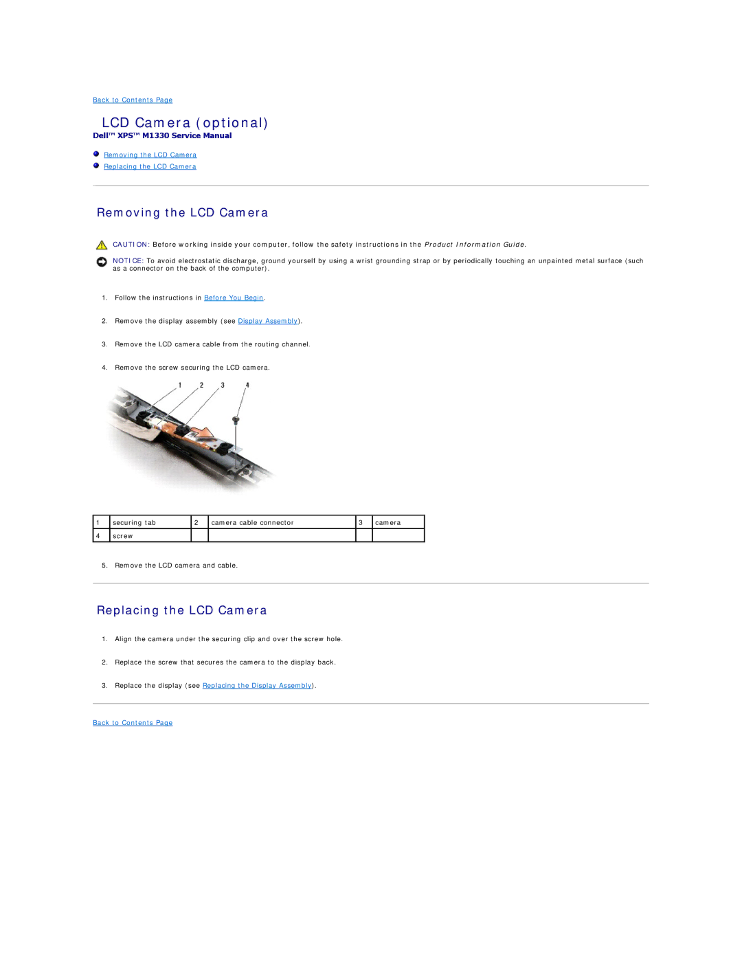 Dell M1330 manual LCD Camera optional, Removing the LCD Camera, Replacing the LCD Camera 