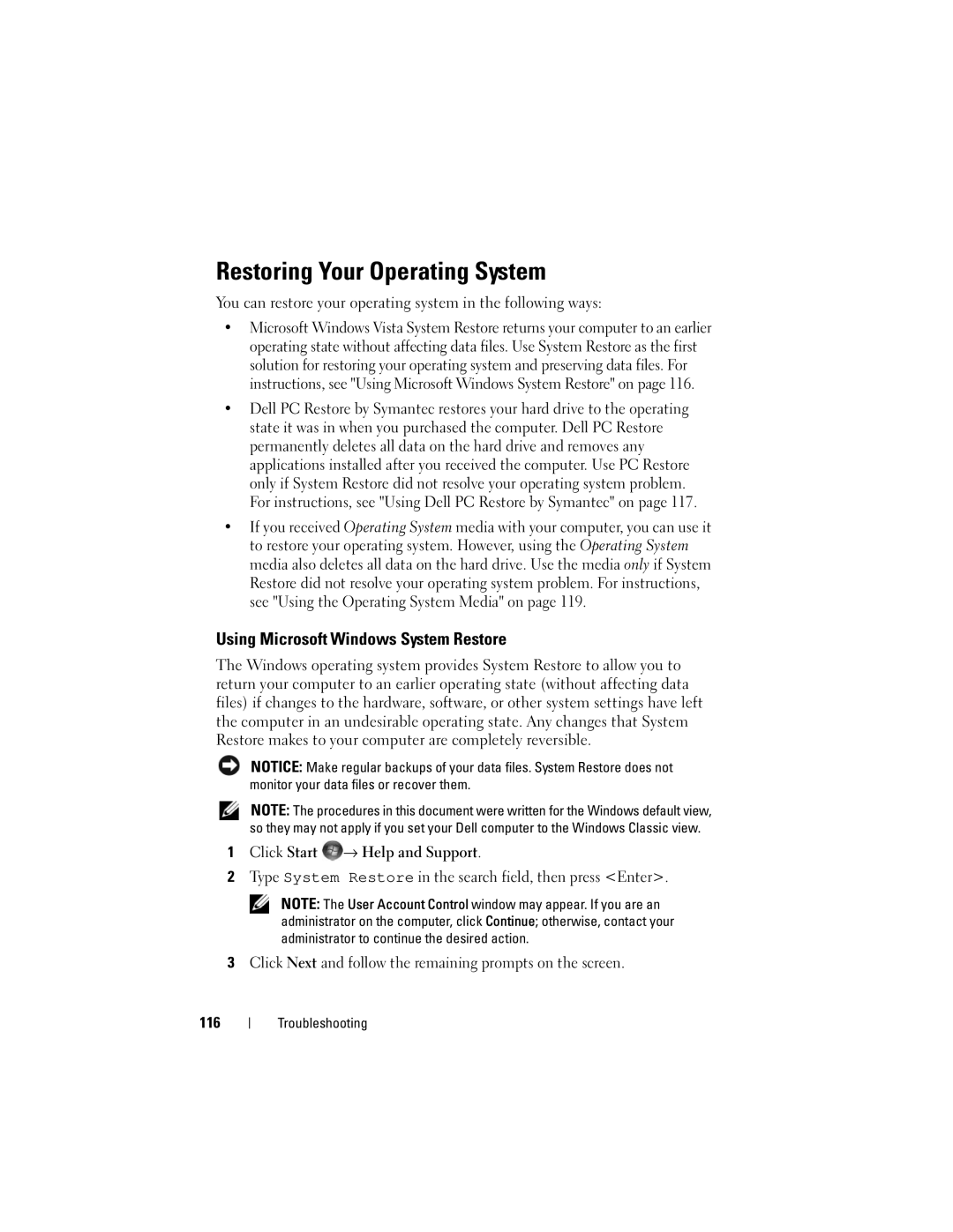 Dell M1330 owner manual Restoring Your Operating System, Using Microsoft Windows System Restore 