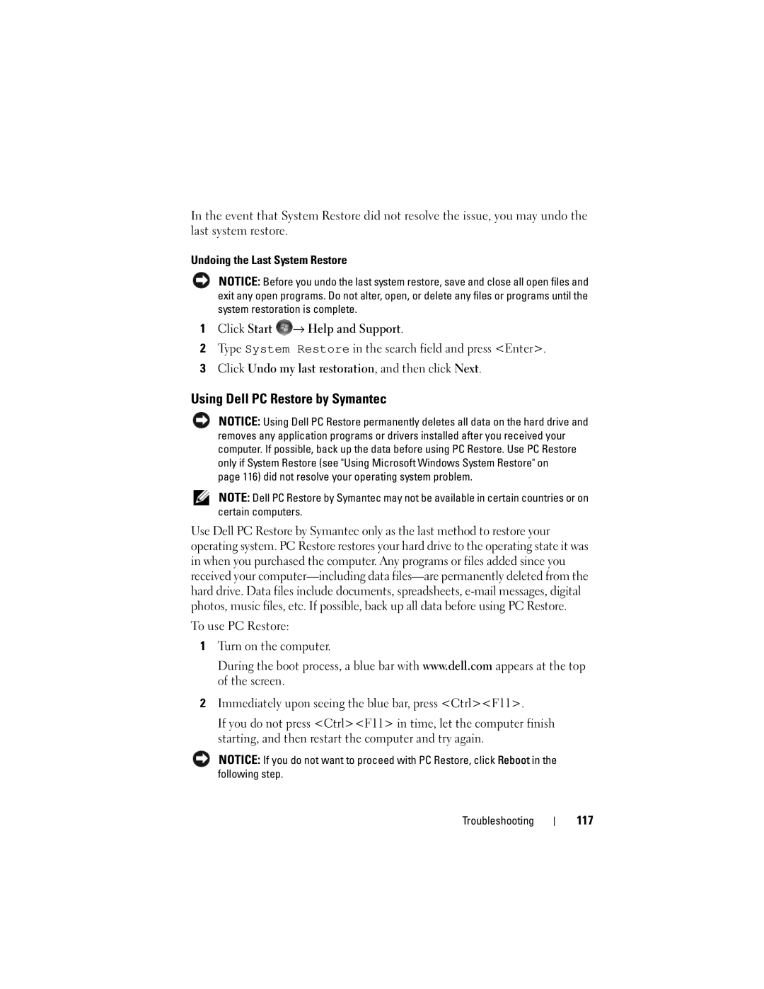 Dell M1330 owner manual Using Dell PC Restore by Symantec, 117, did not resolve your operating system problem 