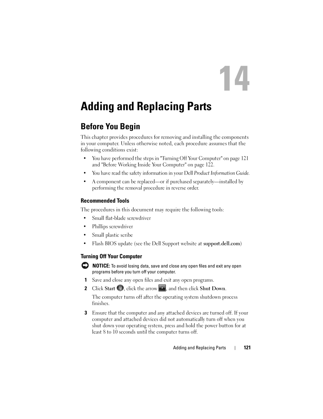 Dell M1330 owner manual Adding and Replacing Parts, Before You Begin, Recommended Tools, Turning Off Your Computer 