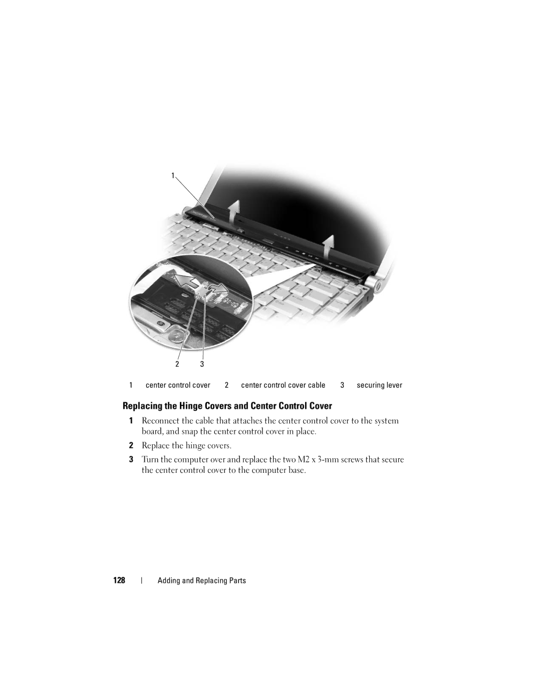 Dell M1330 owner manual Replacing the Hinge Covers and Center Control Cover 