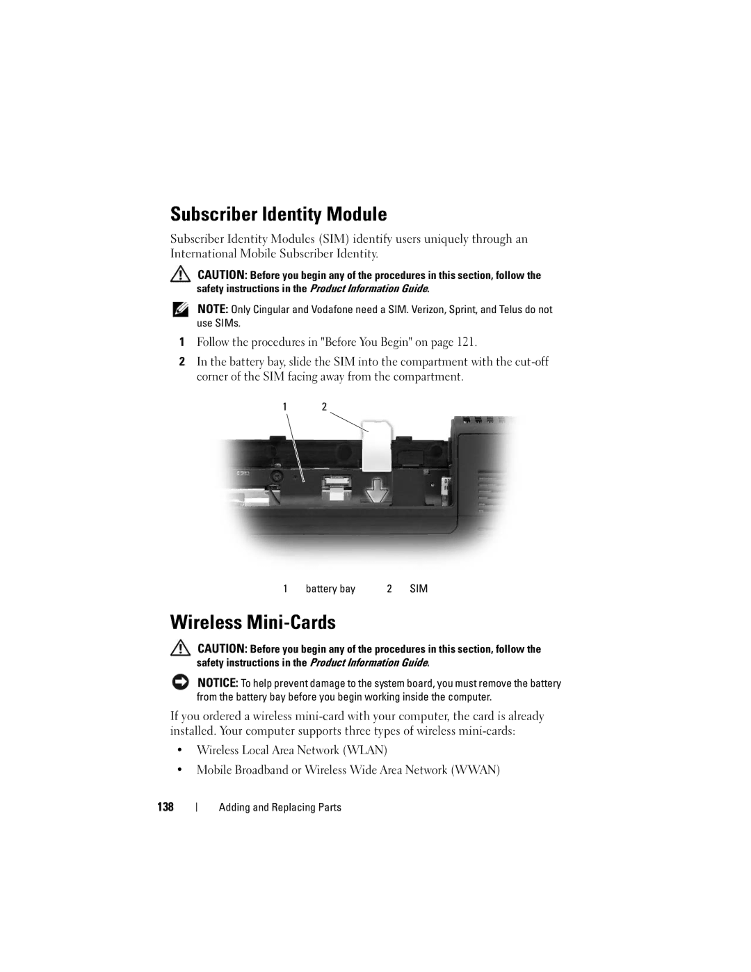 Dell M1330 owner manual Subscriber Identity Module, Wireless Mini-Cards, Battery bay 