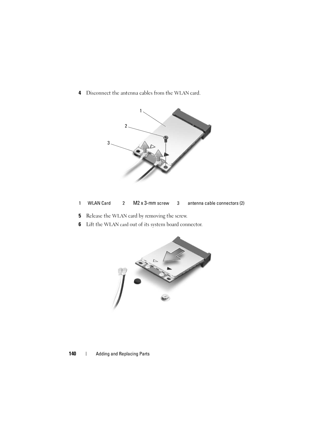 Dell M1330 Disconnect the antenna cables from the Wlan card, Wlan Card M2 x 3-mmscrew 3 antenna cable connectors 