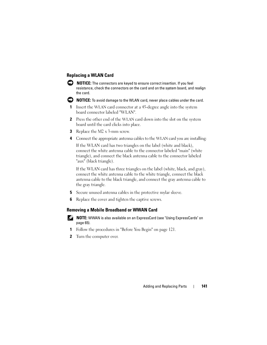 Dell M1330 owner manual Replacing a Wlan Card, Removing a Mobile Broadband or Wwan Card, 141 