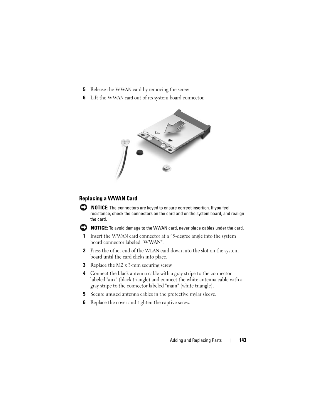 Dell M1330 owner manual Replacing a Wwan Card, 143 