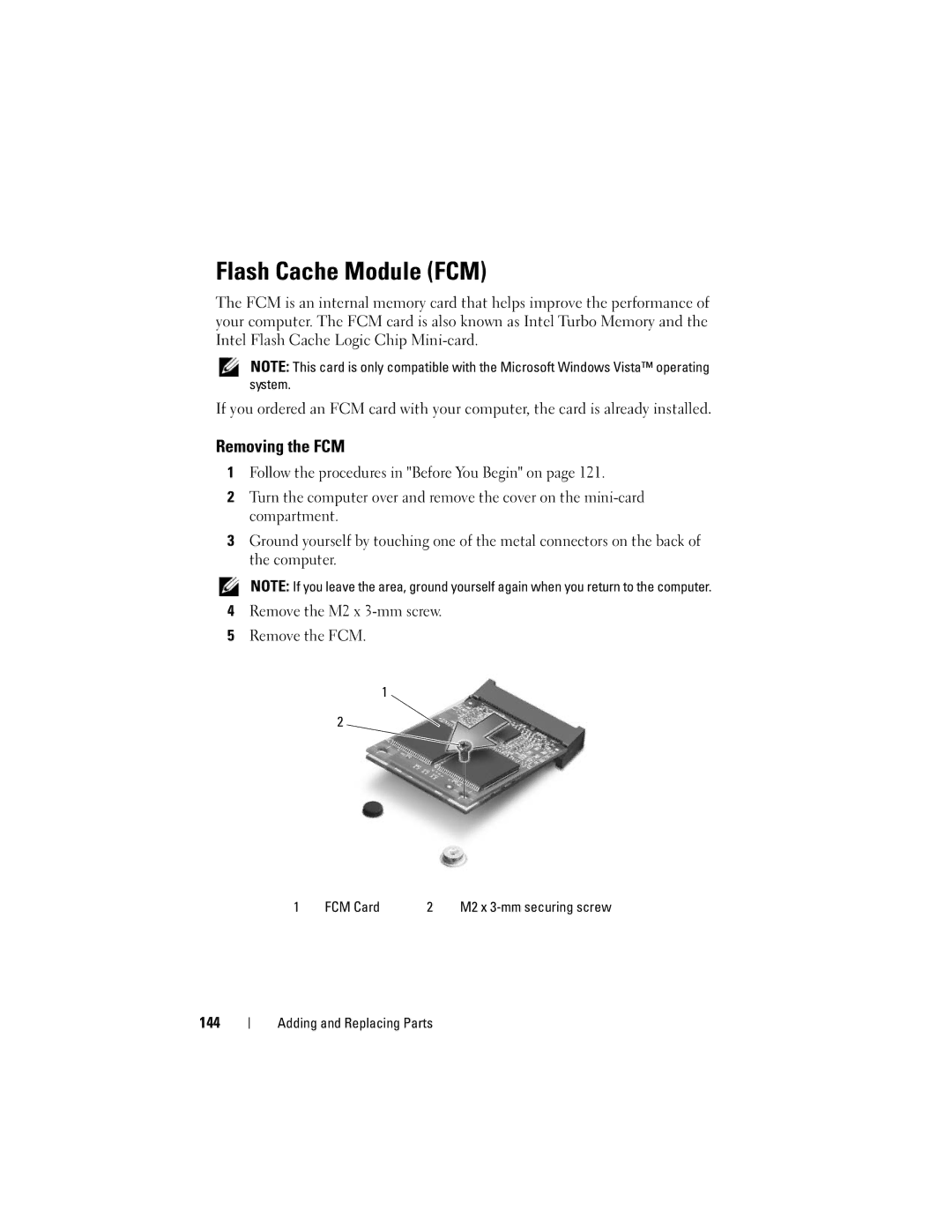 Dell M1330 owner manual Flash Cache Module FCM, Removing the FCM, 144, FCM Card 