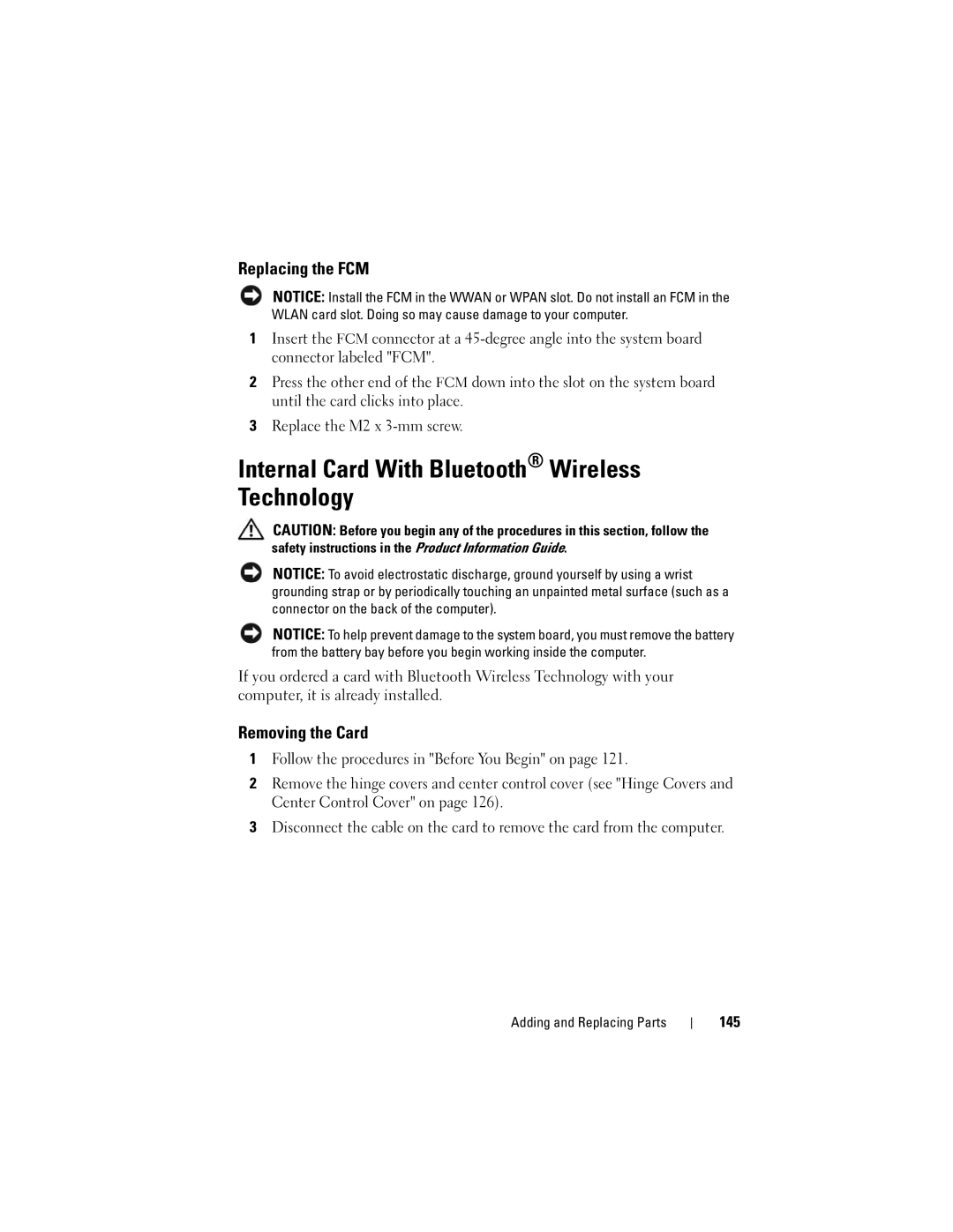 Dell M1330 owner manual Internal Card With Bluetooth Wireless Technology, Replacing the FCM, Removing the Card, 145 