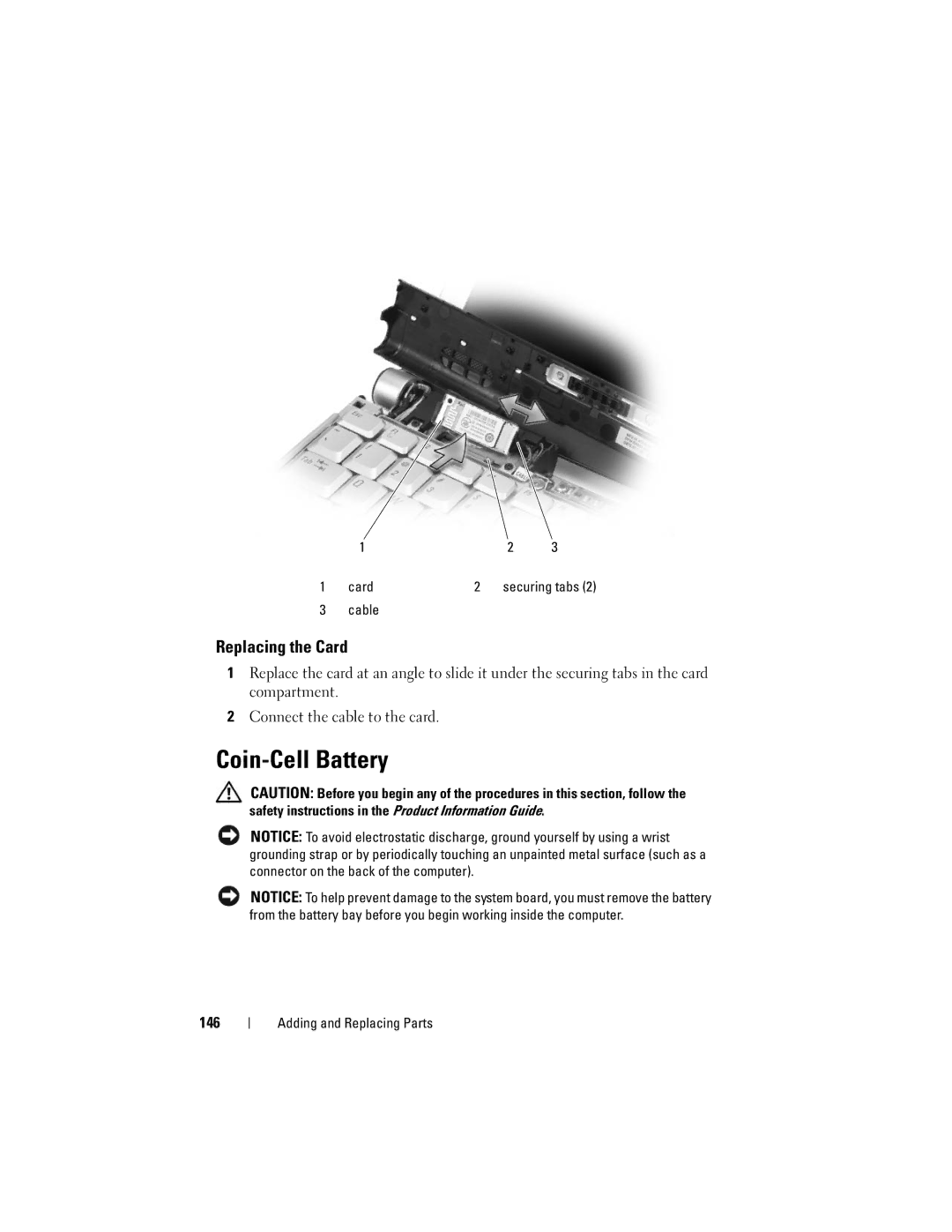 Dell M1330 owner manual Coin-Cell Battery, Replacing the Card, 146, Card Securing tabs Cable 