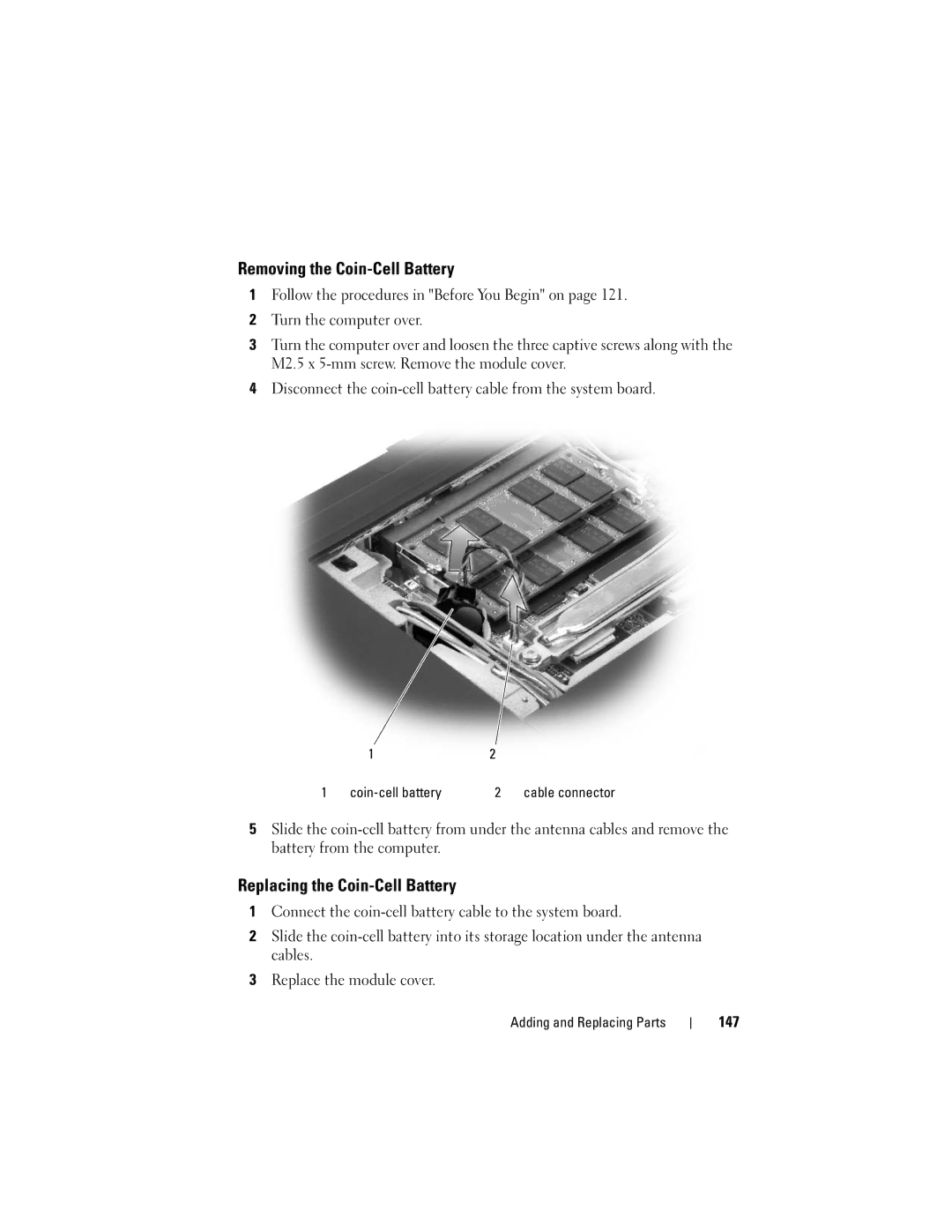 Dell M1330 owner manual Removing the Coin-Cell Battery, Replacing the Coin-Cell Battery, 147, Coin-cell battery 