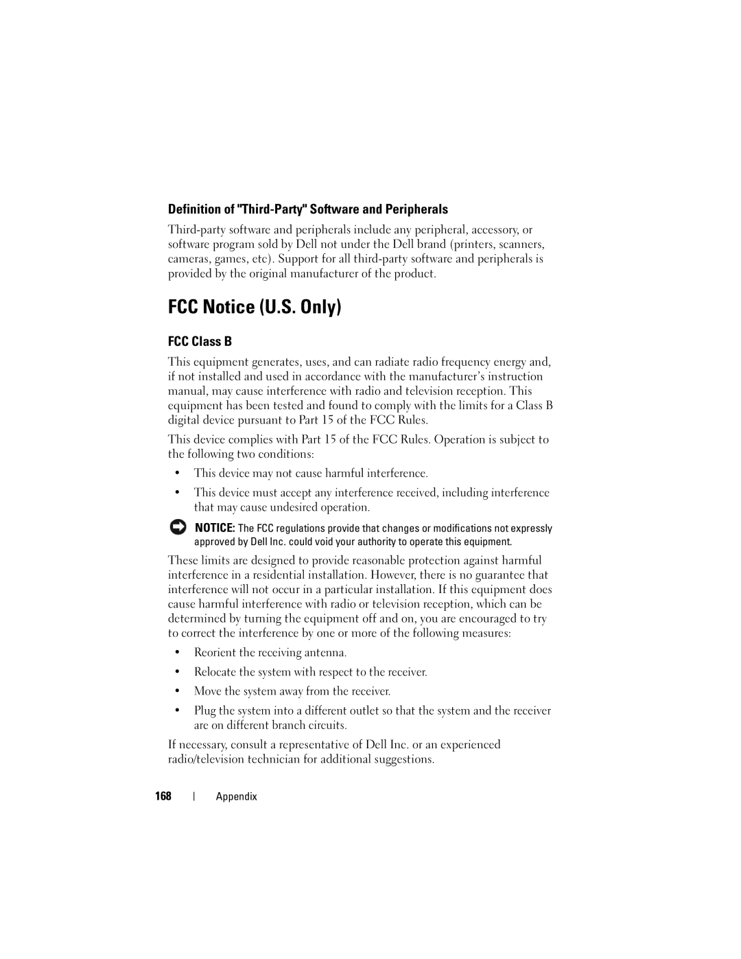 Dell M1330 owner manual FCC Notice U.S. Only, Definition of Third-Party Software and Peripherals, FCC Class B, 168 