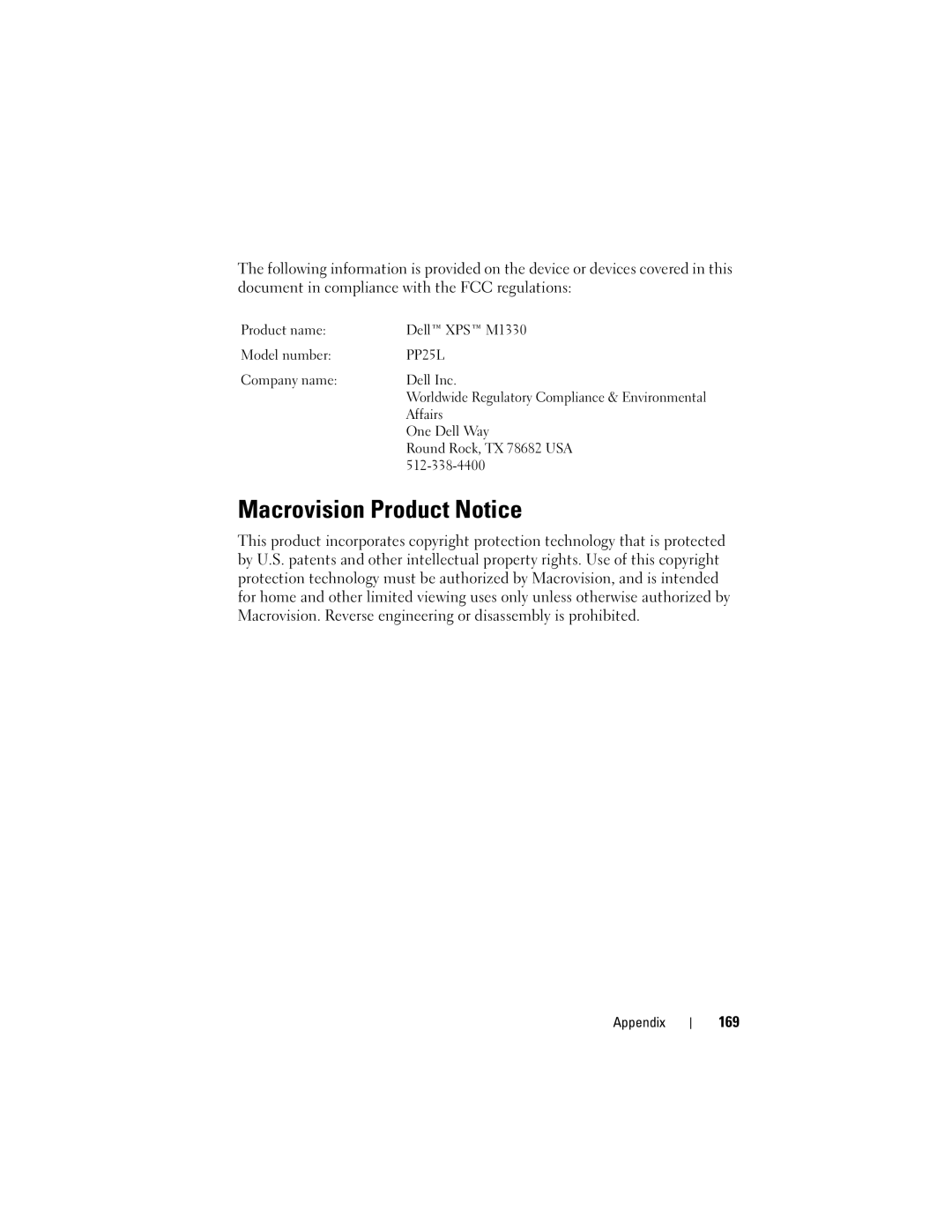 Dell M1330 owner manual Macrovision Product Notice, 169 