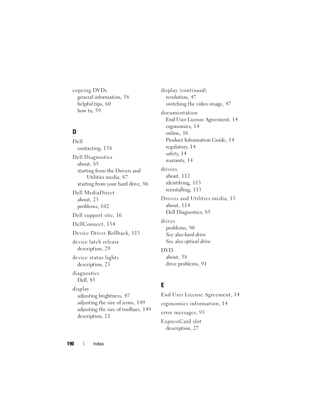 Dell M1330 owner manual Index 