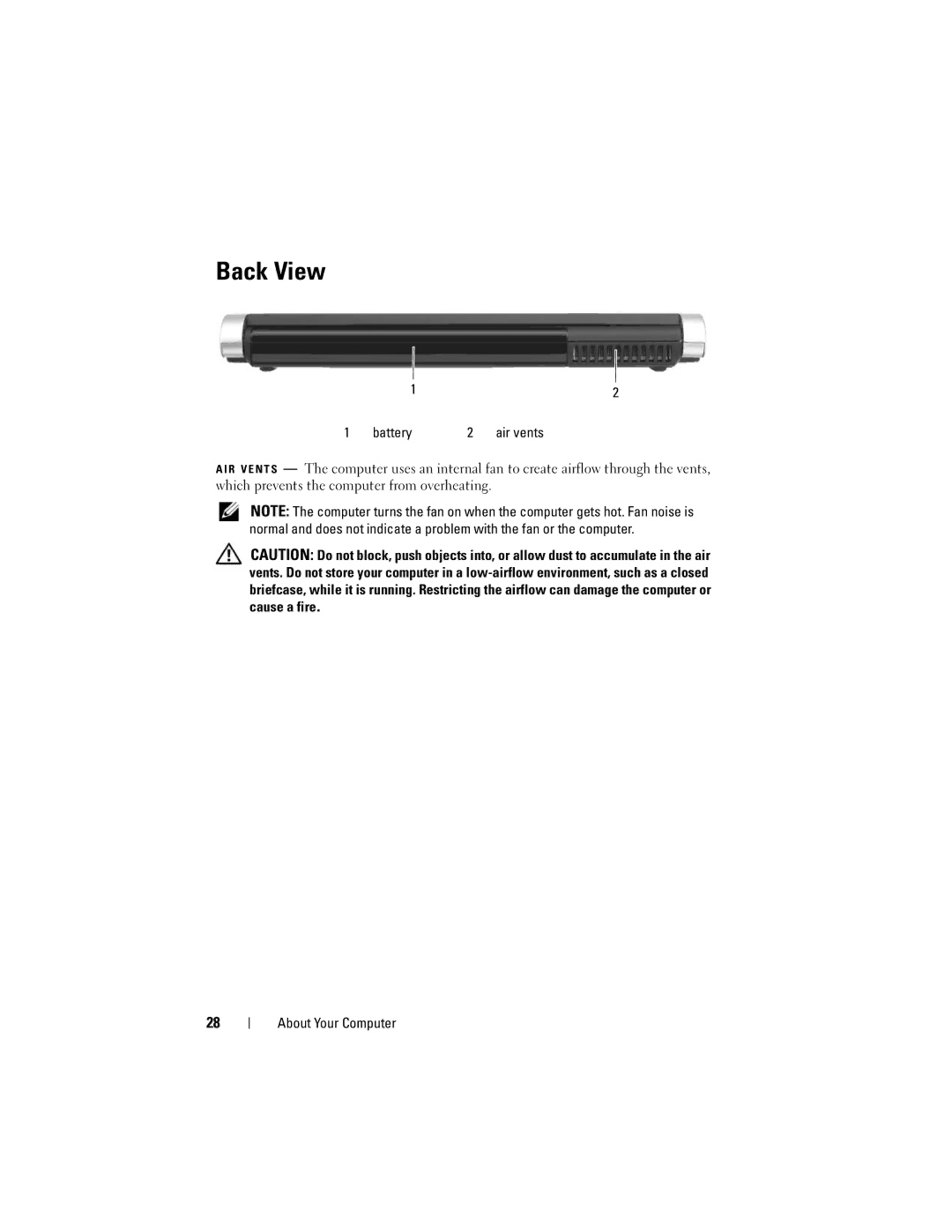 Dell M1330 owner manual Back View, Battery Air vents 