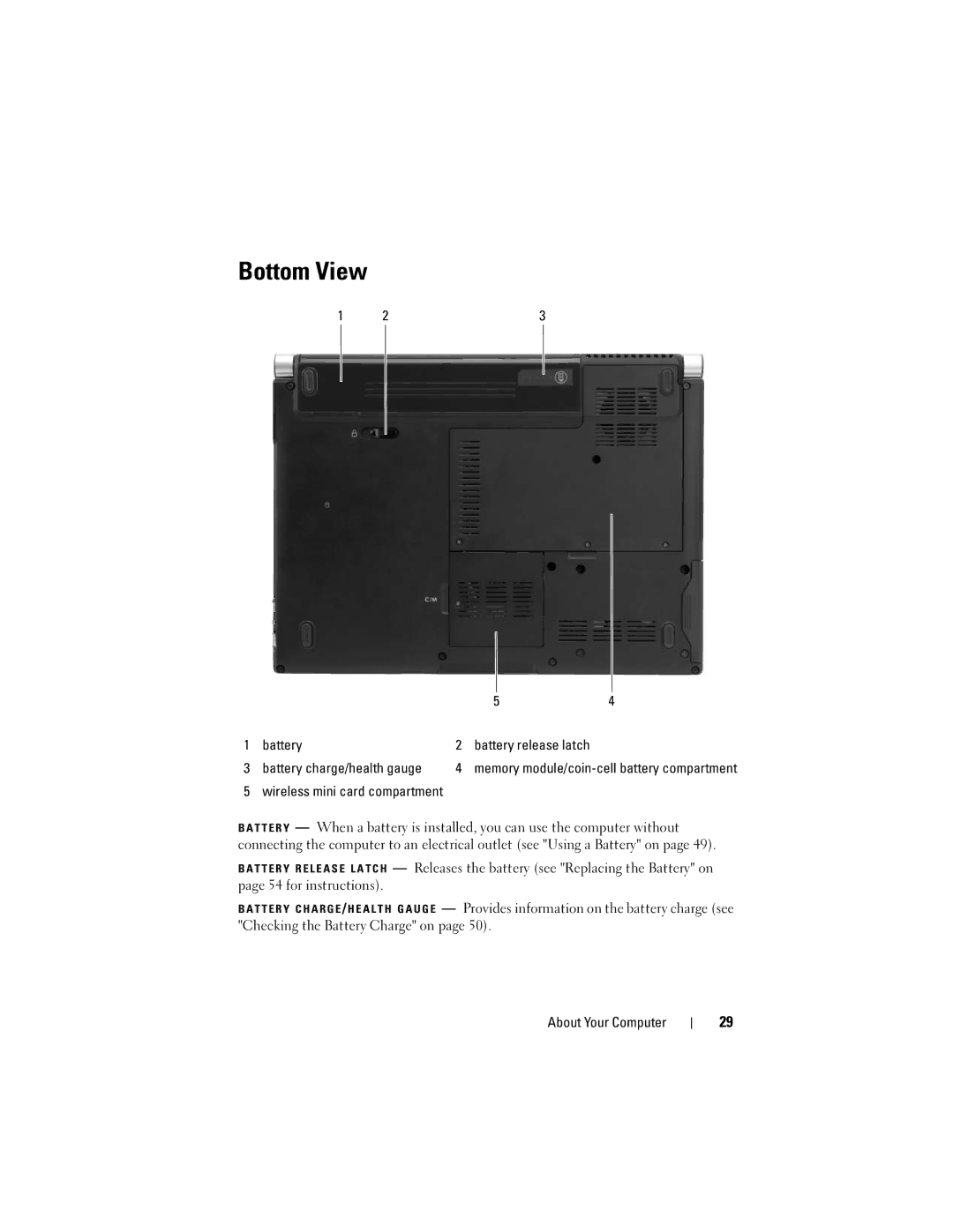 Dell M1330 owner manual Bottom View, Battery charge/health gauge 