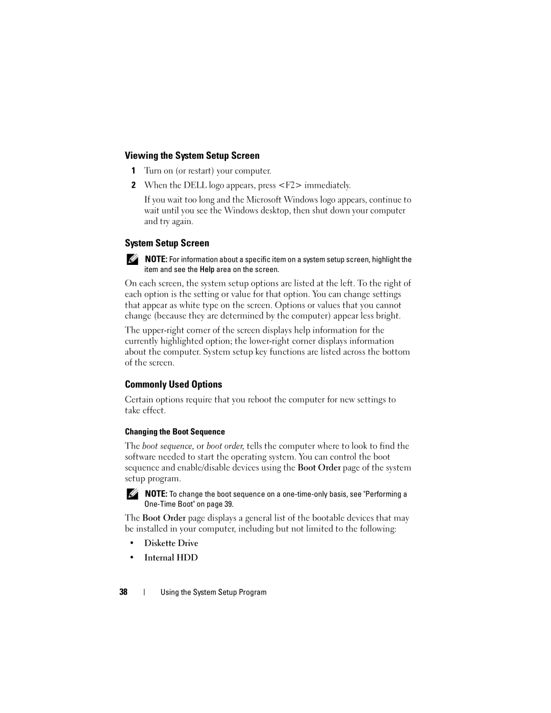 Dell M1330 owner manual Viewing the System Setup Screen, Commonly Used Options, Diskette Drive Internal HDD 