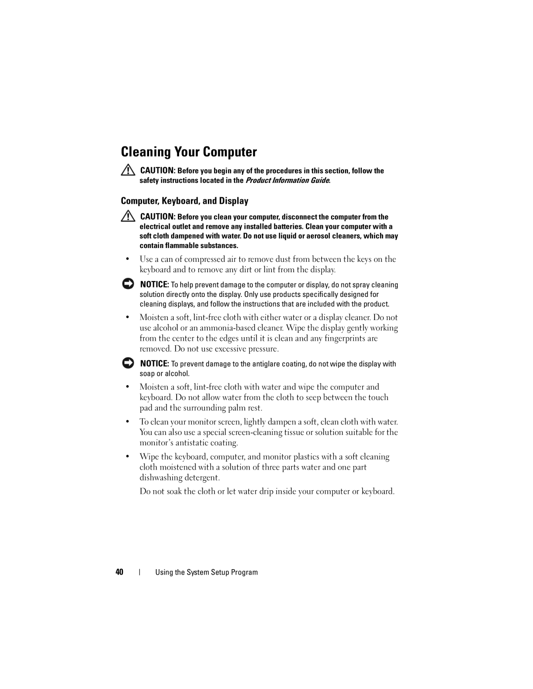 Dell M1330 owner manual Cleaning Your Computer, Computer, Keyboard, and Display 