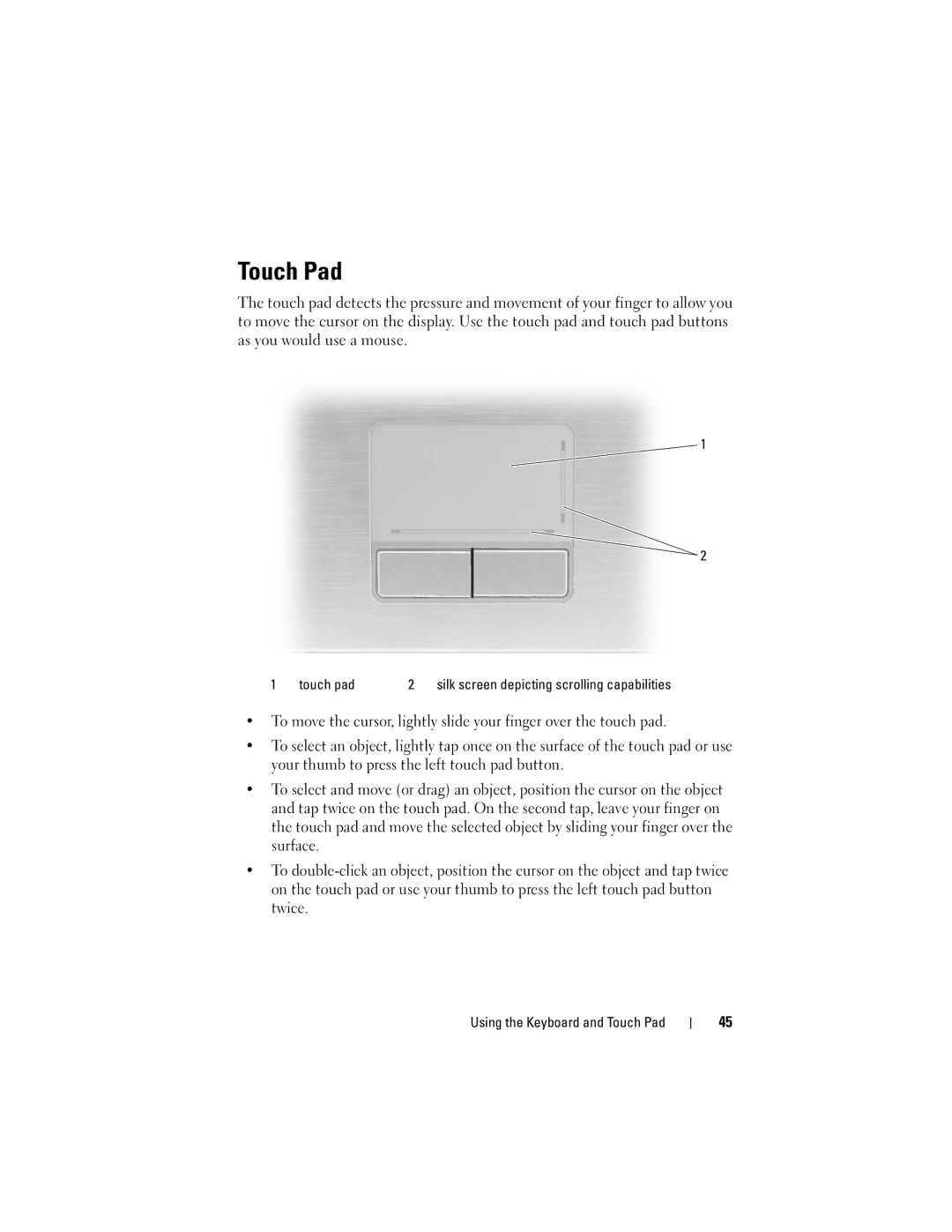 Dell M1330 owner manual Touch Pad, Touch pad 