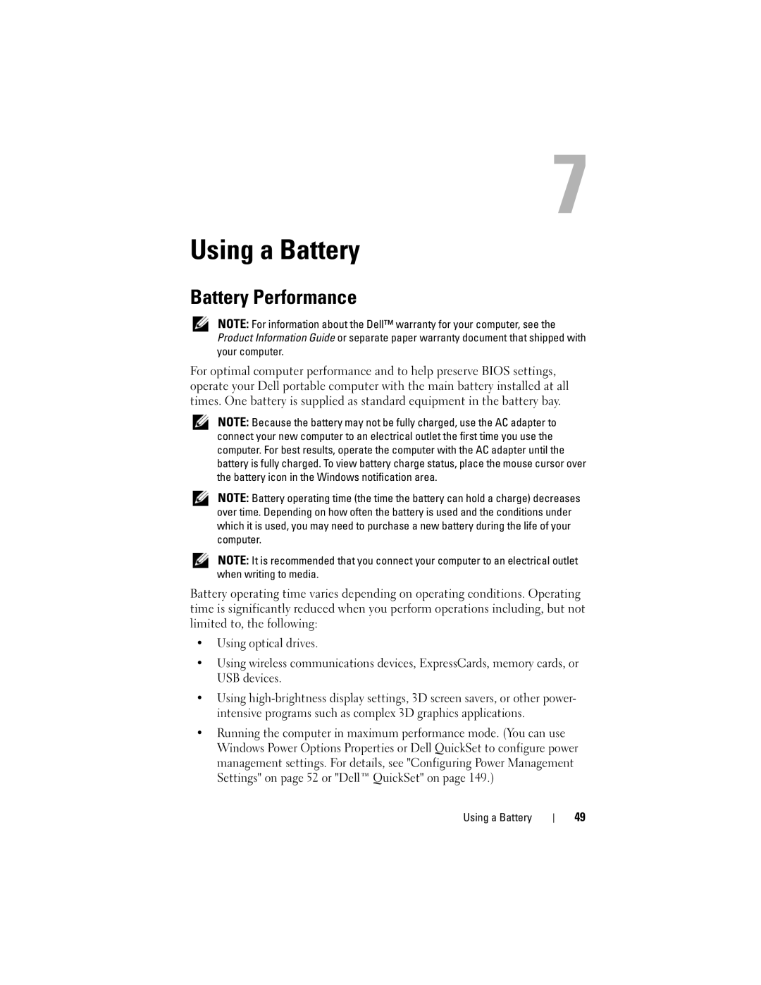 Dell M1330 owner manual Using a Battery, Battery Performance 