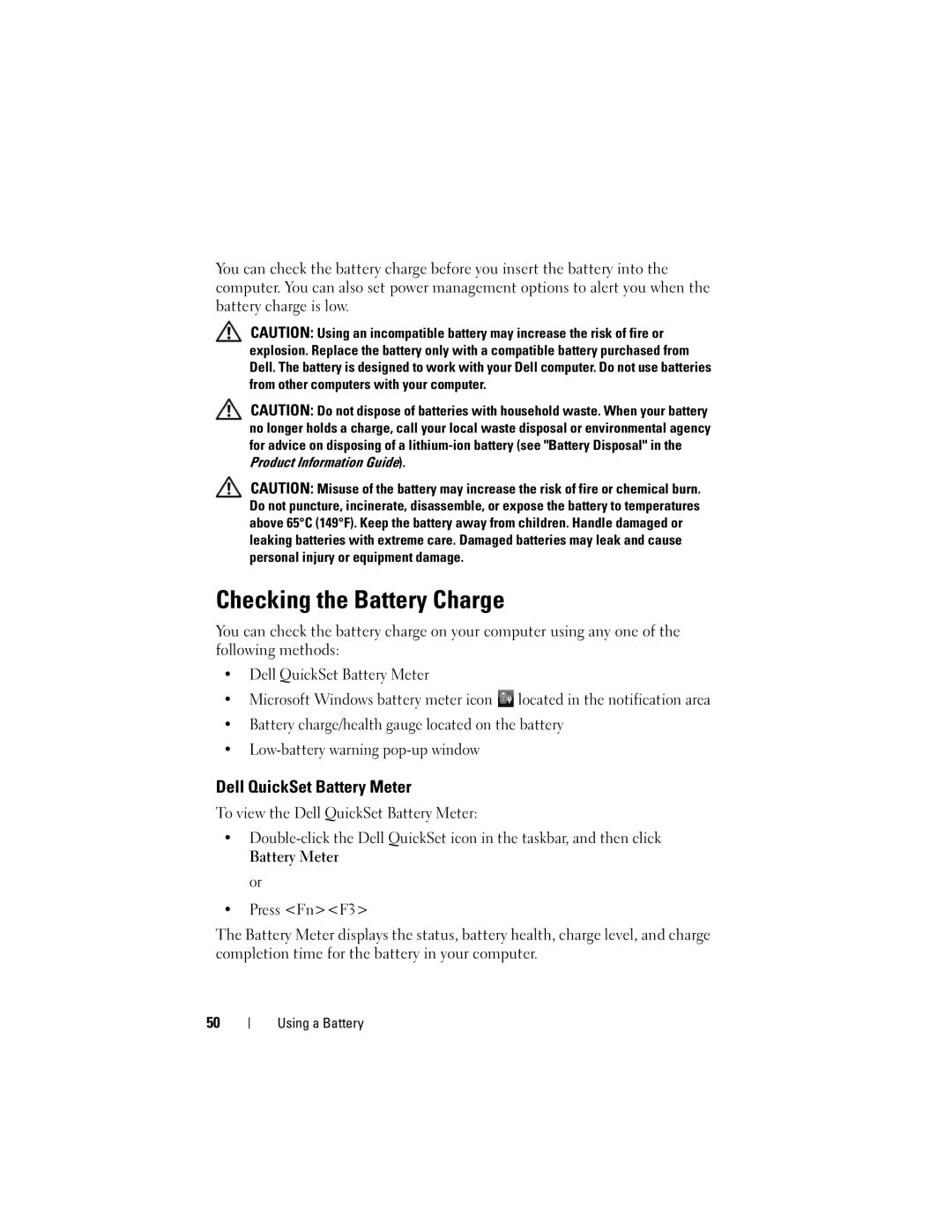 Dell M1330 owner manual Checking the Battery Charge, Dell QuickSet Battery Meter 