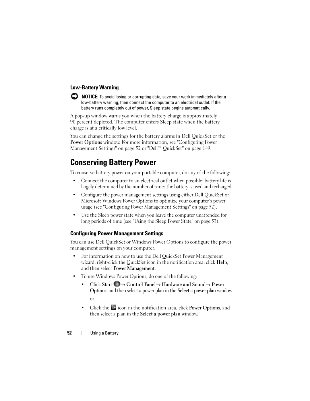 Dell M1330 owner manual Conserving Battery Power, Low-Battery Warning, Configuring Power Management Settings 