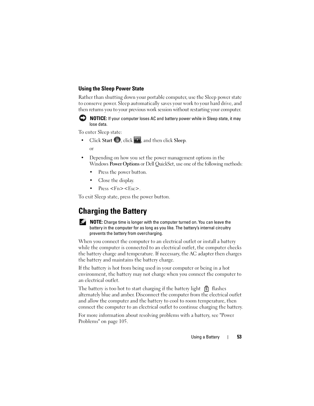 Dell M1330 owner manual Charging the Battery, Using the Sleep Power State 