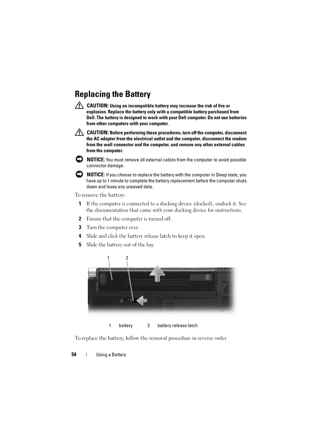 Dell M1330 owner manual Replacing the Battery, To remove the battery 