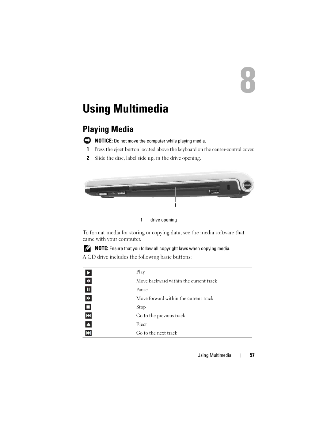 Dell M1330 owner manual Using Multimedia, Playing Media, Drive opening 