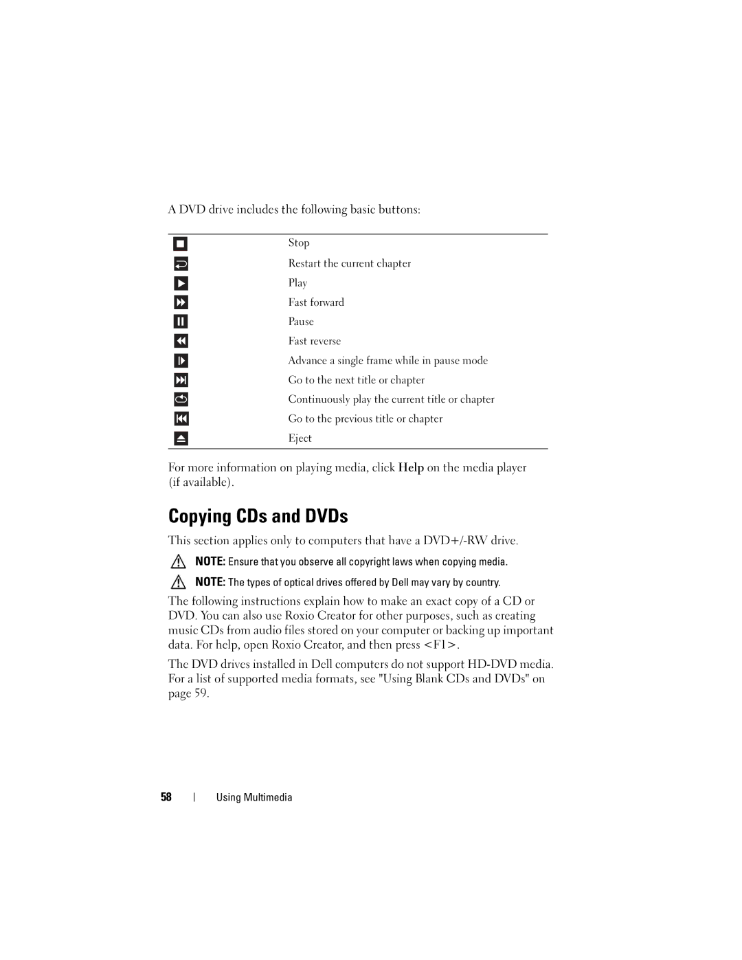 Dell M1330 owner manual Copying CDs and DVDs, DVD drive includes the following basic buttons 