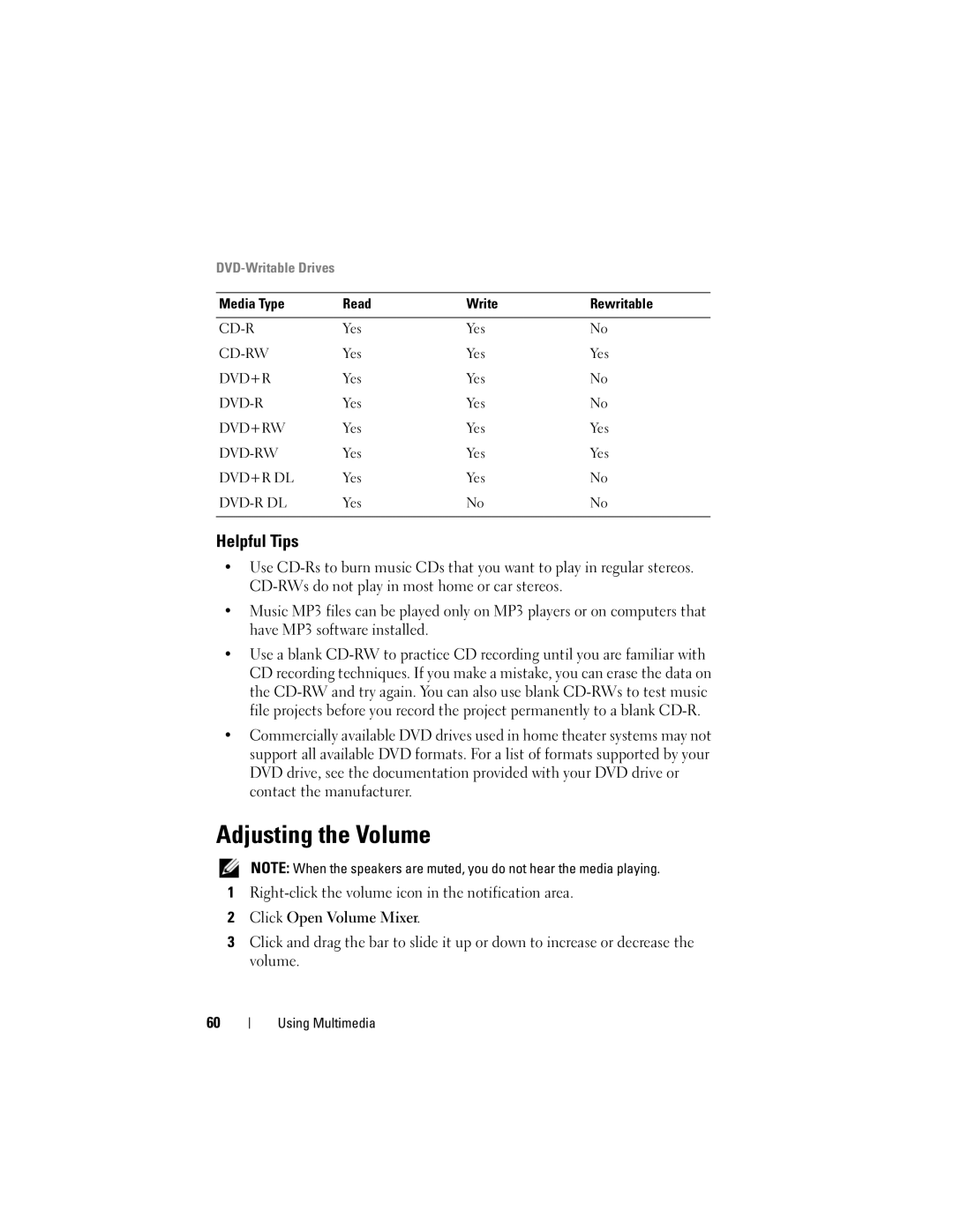 Dell M1330 owner manual Adjusting the Volume, Helpful Tips 