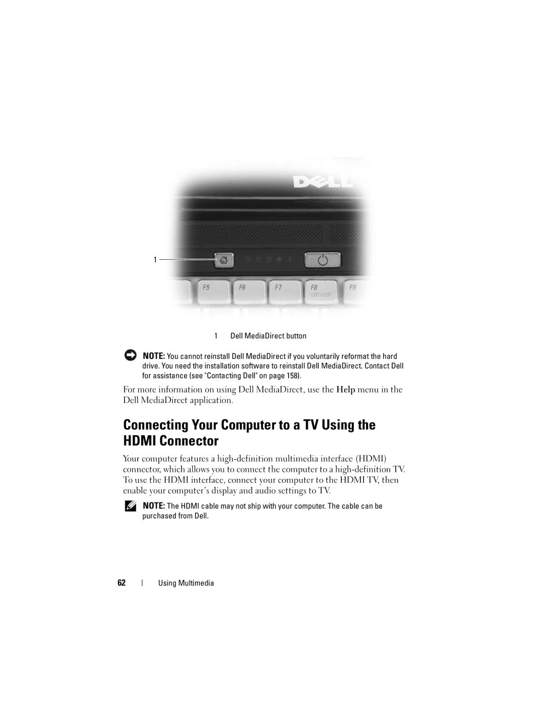 Dell M1330 owner manual Connecting Your Computer to a TV Using the Hdmi Connector, Dell MediaDirect button 