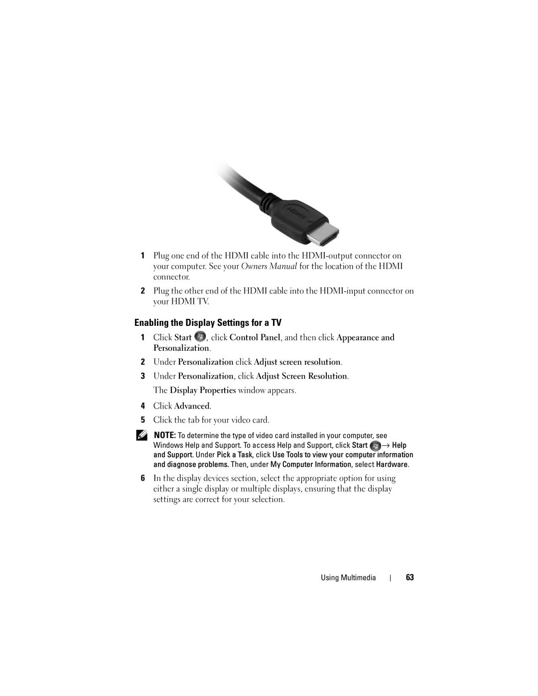 Dell M1330 owner manual Enabling the Display Settings for a TV 