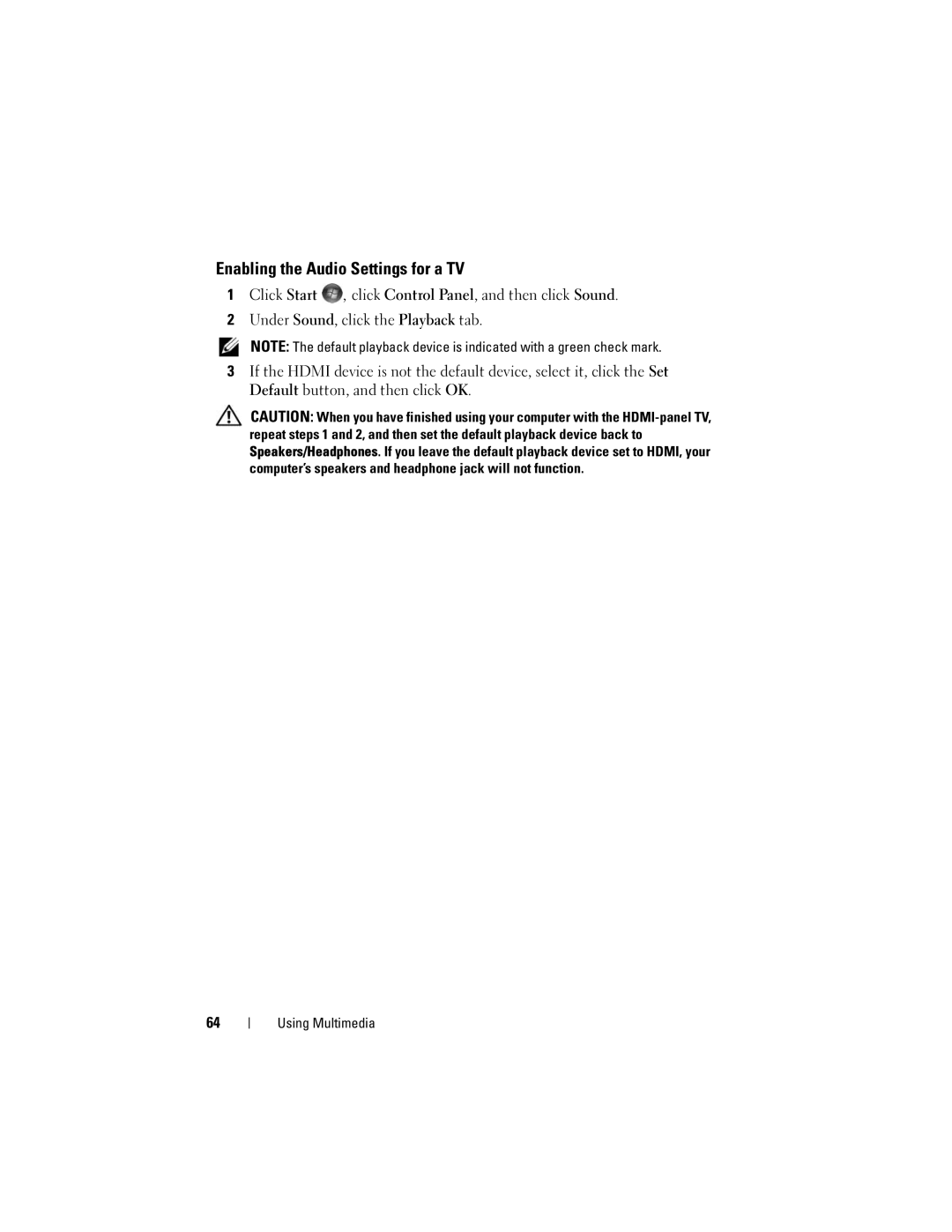 Dell M1330 owner manual Enabling the Audio Settings for a TV 