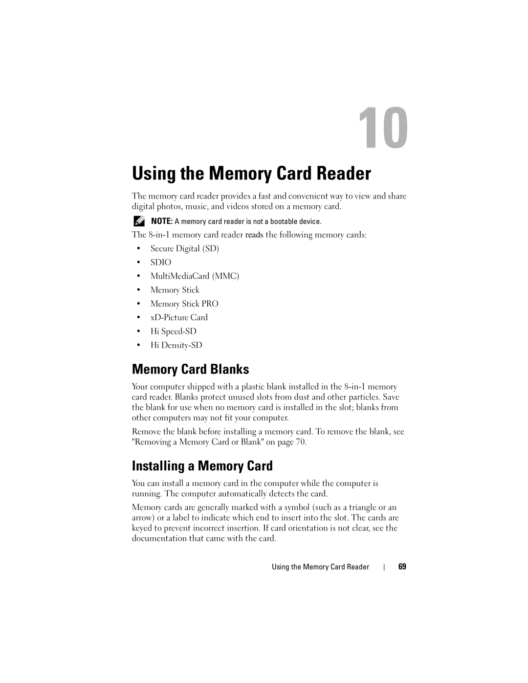 Dell M1330 owner manual Using the Memory Card Reader, Memory Card Blanks, Installing a Memory Card 