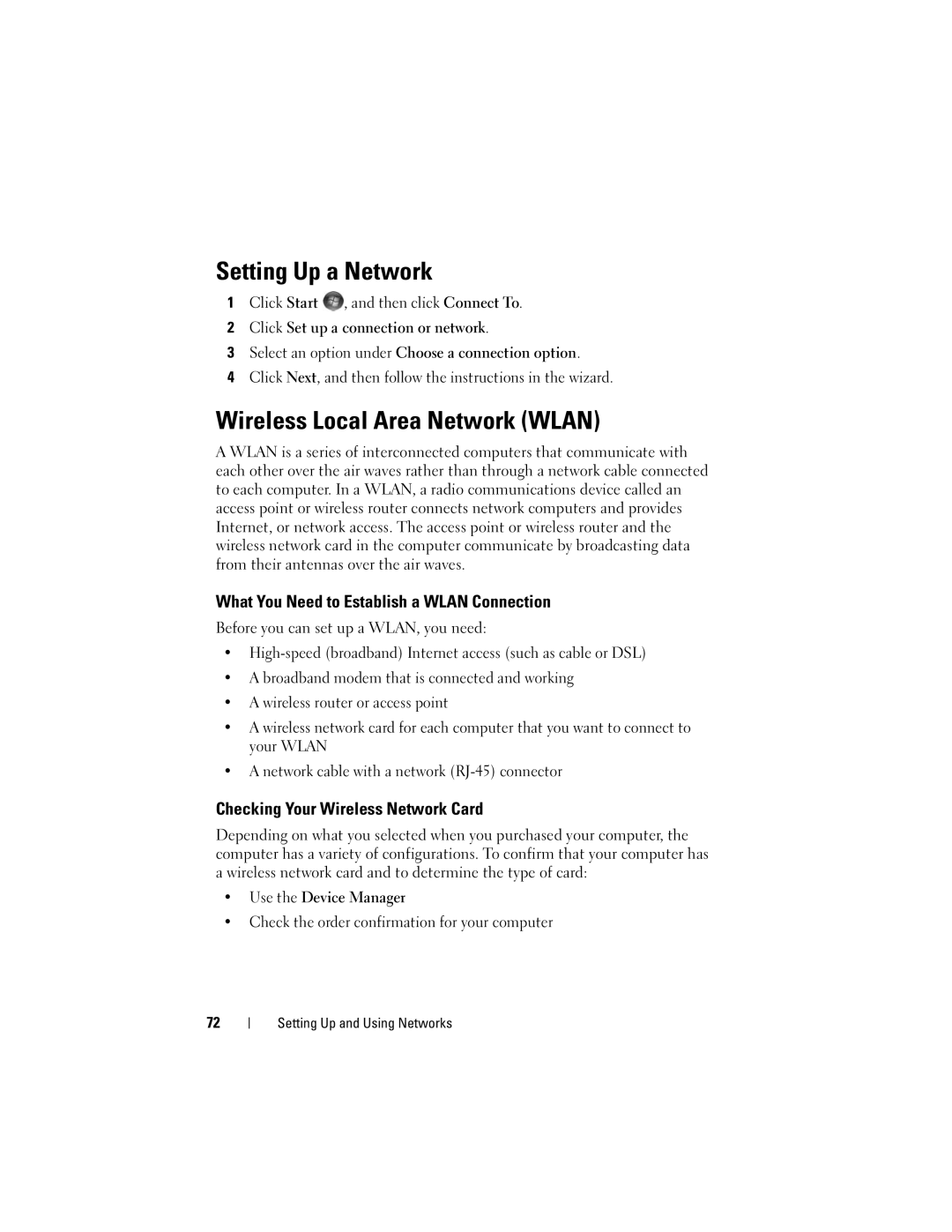 Dell M1330 Setting Up a Network, Wireless Local Area Network Wlan, What You Need to Establish a Wlan Connection 