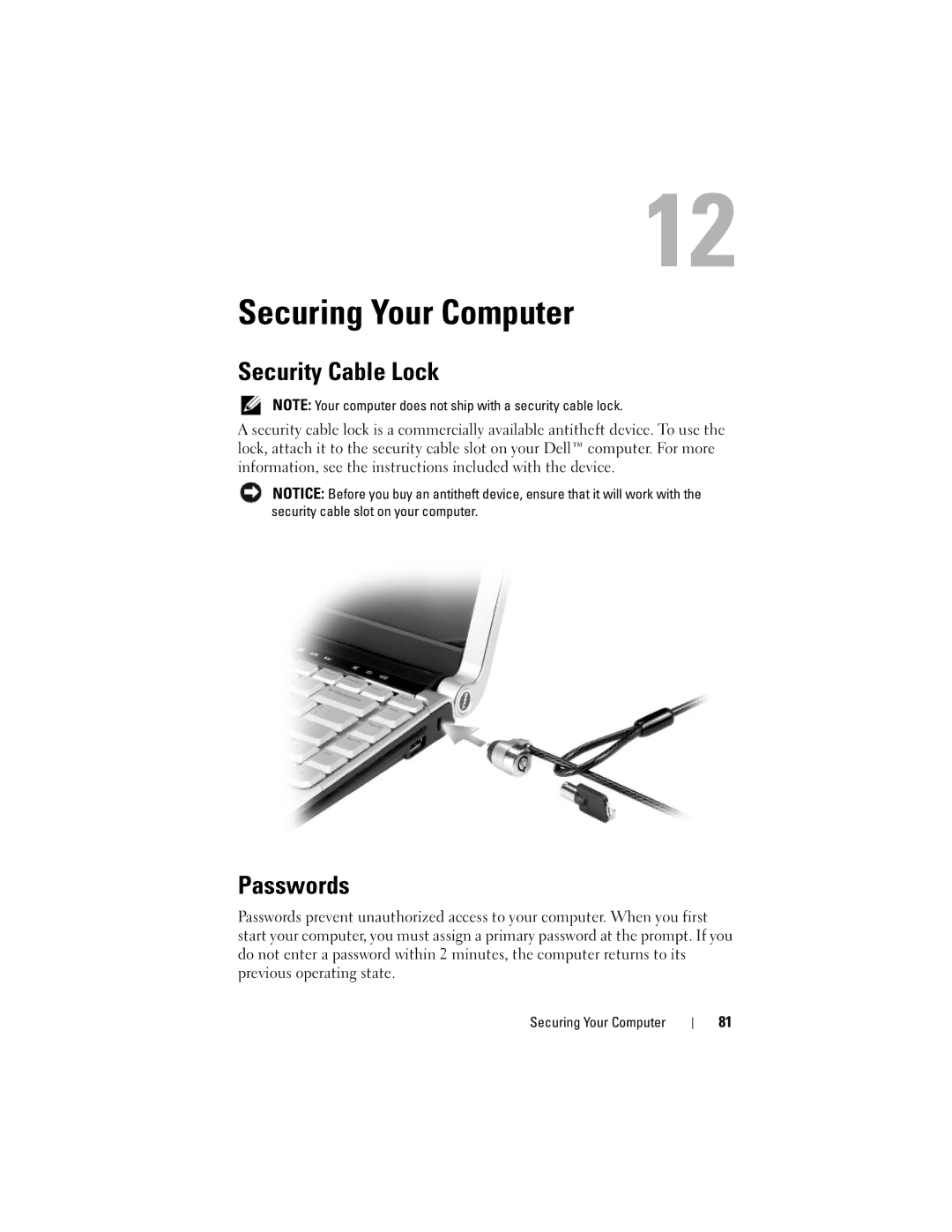 Dell M1330 owner manual Securing Your Computer, Security Cable Lock, Passwords 