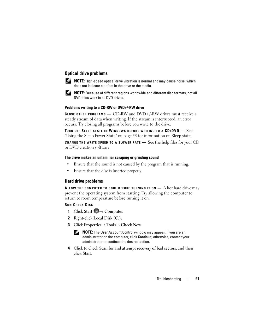 Dell M1330 owner manual Optical drive problems, Hard drive problems, Problems writing to a CD-RW or DVD+/-RW drive 