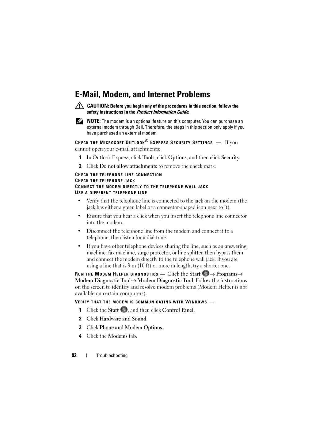 Dell M1330 owner manual Mail, Modem, and Internet Problems 