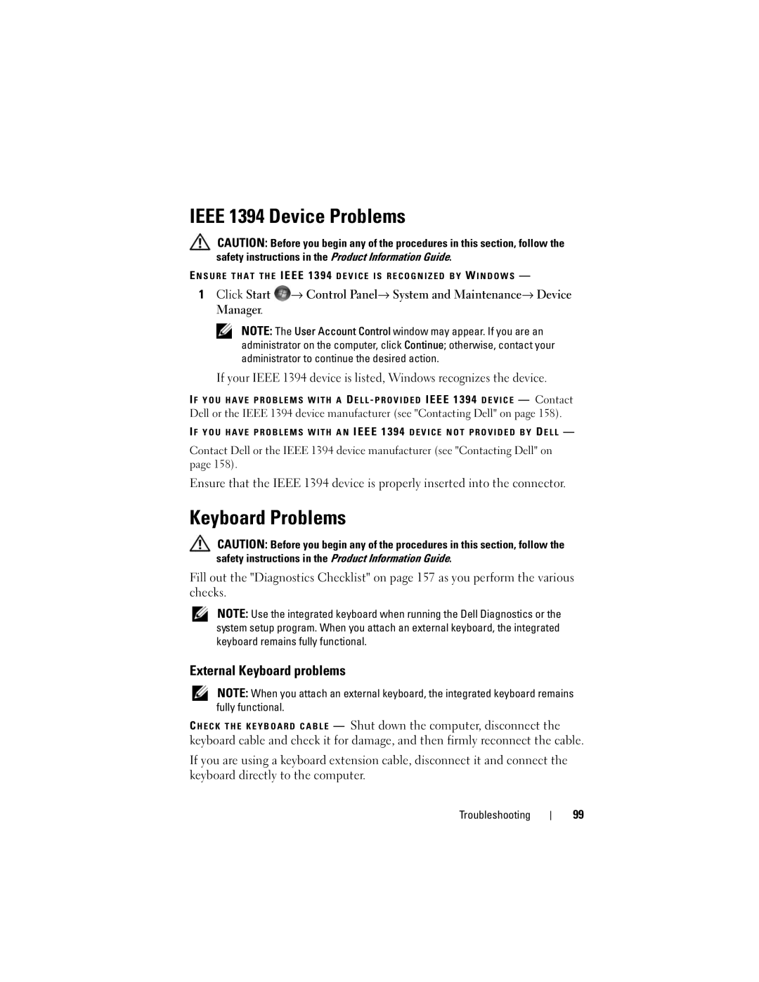 Dell M1330 owner manual Ieee 1394 Device Problems, Keyboard Problems, External Keyboard problems 