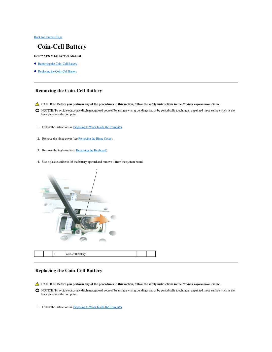 Dell M140 manual Removing the Coin-Cell Battery, Replacing the Coin-Cell Battery 