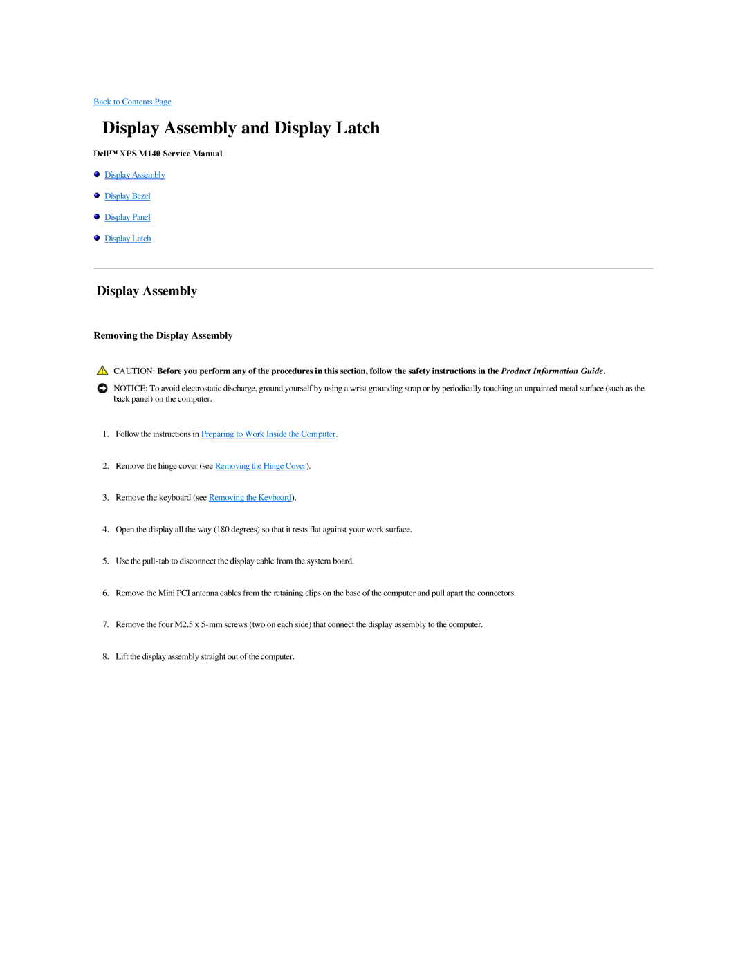 Dell M140 manual Display Assembly and Display Latch, Removing the Display Assembly 