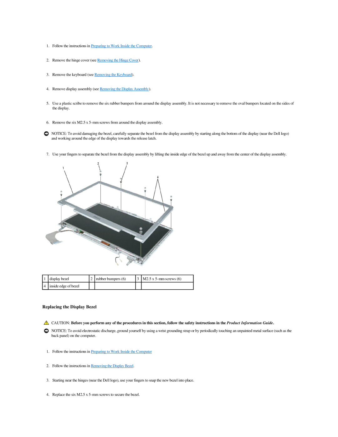 Dell M140 manual Replacing the Display Bezel 