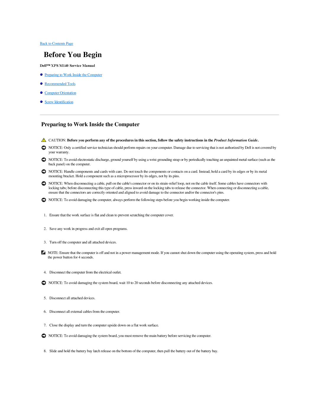 Dell M140 manual Before You Begin, Preparing to Work Inside the Computer 