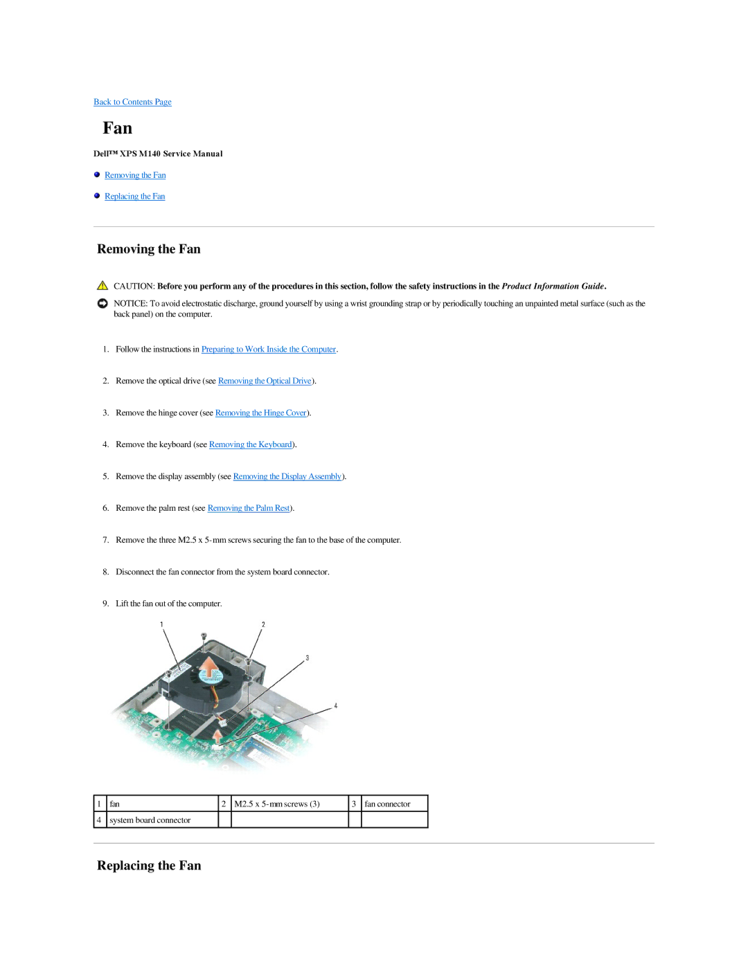 Dell M140 manual Removing the Fan, Replacing the Fan 