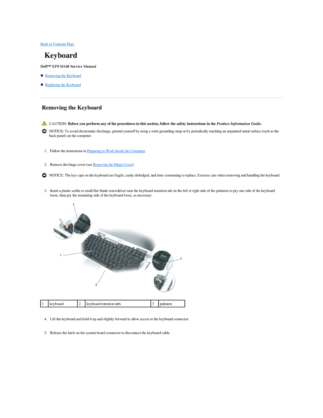 Dell M140 manual Removing the Keyboard 