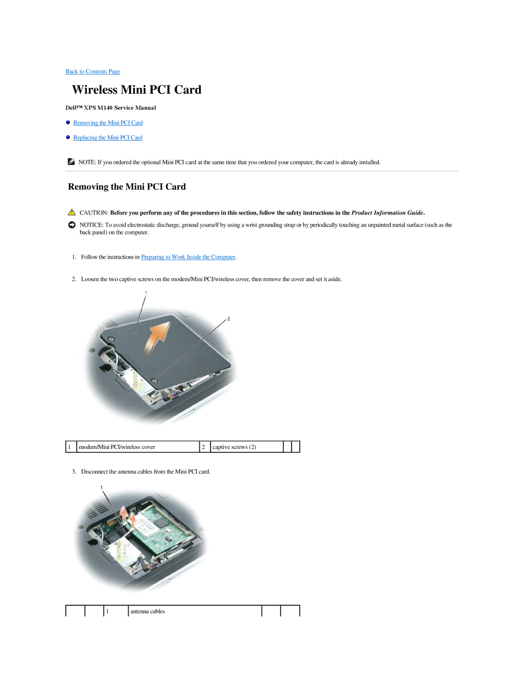 Dell M140 manual Wireless Mini PCI Card, Removing the Mini PCI Card 